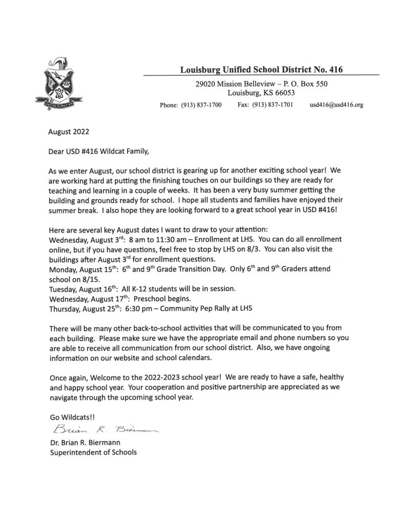 August Superintendent Letter